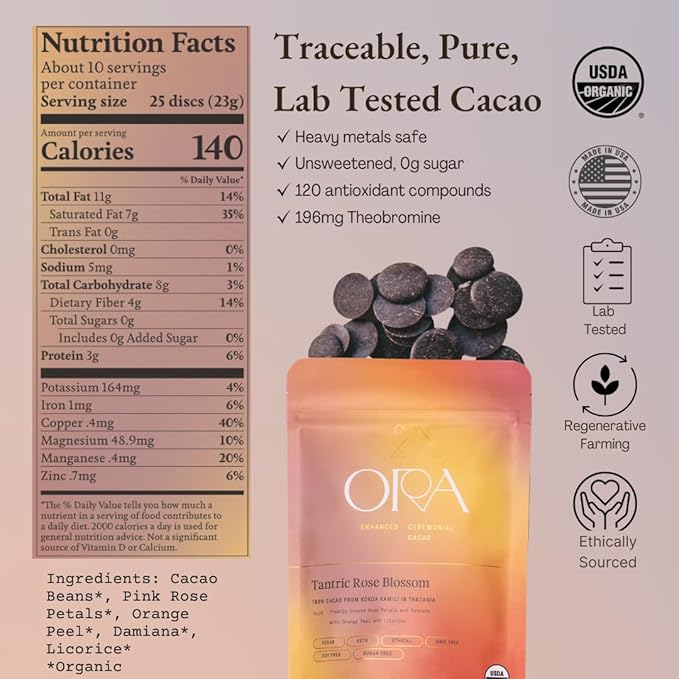 ORA Ceremonial Cacao - Tantric Rose Blossom - Organic 100% Cacao with Rose Petals & Damiana - Ethical - High Flavanol - Unsweetened - Heavy Metals Tested - 8oz
