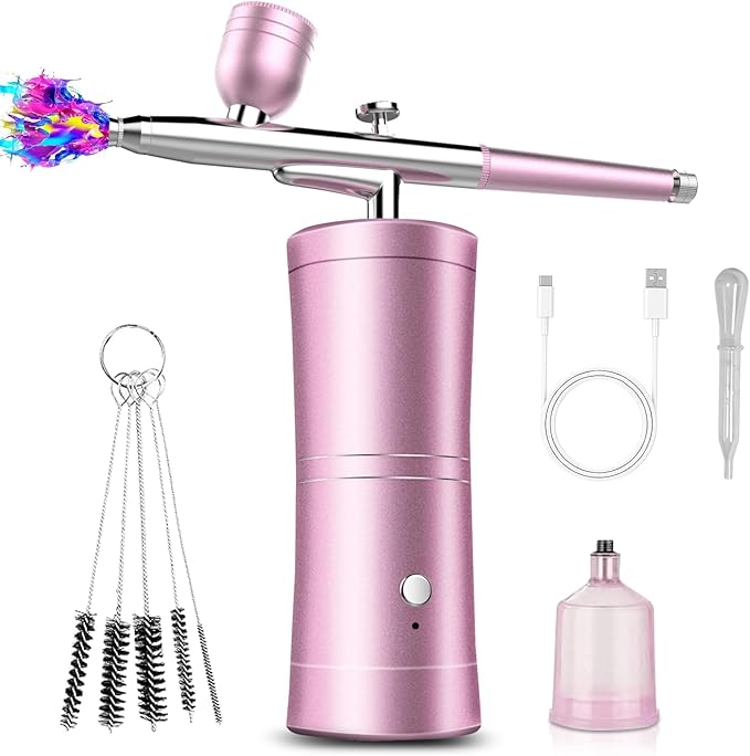 Cordless Rechargeable Airbrush Kit with Compressor - Adjustable High-Pressure Non-Clogging 0.3mm Nozzle Complete Set for Nail Art, Cake Decor, Barber, Model Painting & Makeup (PINK)