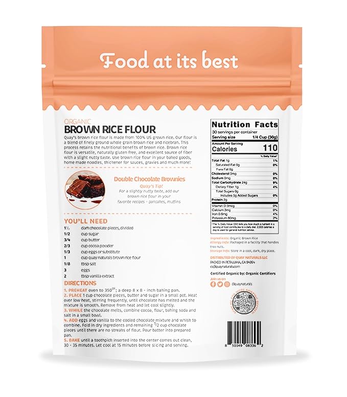 Quay Naturals Organic Brown Rice Flour, 2 lb, Finely Milled, Gluten-Free, Non-GMO, Vegan, USA Grown, Stone Ground, Whole Grain