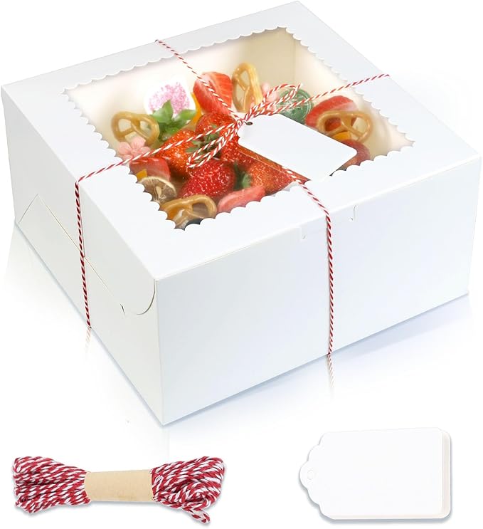 20Pcs 10 Inch Cake Boxes with Window, 10x10x5 Inches White Bakery Boxes, Cake Carrier Container for Pastries, Pie, Cookies, Chocolates, Cupcakes, Birthday Party, Wedding