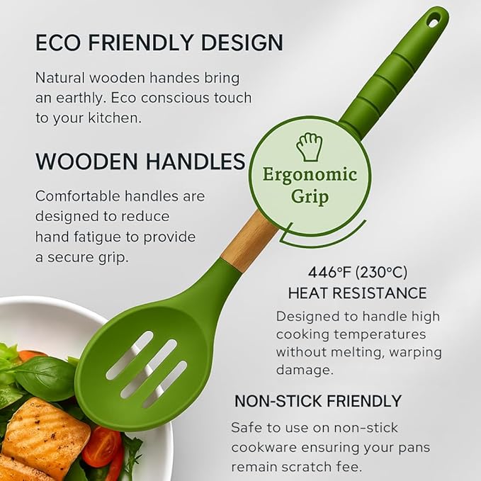 Premium Silicone Kitchen Utensil Set –10-Piece Cooking Tools with Wooden Handles and Bamboo Holder, Nonstick Safe, Heat Resistant, BPA-Free, Gift for Home or Housewarming (Green Set -10pcs)