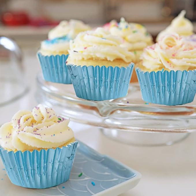 Cupcake Liners Light Blue,GOLF 100 Pack Standard Size Silver Foil Cupcake Liners Wrappers Metallic Baking Cups,Muffin Paper Cases