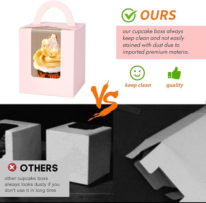 JCD Pink 70packs Cupcakes Containers with Insert Window and Handle,single Cupcake Holders box, Portable Cupcake Carriers for Bakery Wedding Party Favor(Pink/70Pcs)
