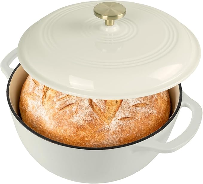 Premium Enameled Cast Iron Dutch Oven for Bread Baking | Non-Stick 5.5QT Oval Bread Oven with Lid | Perfect for Sourdough, Loaf, and Artisan Baking (Round Cream, 5.5 QT)