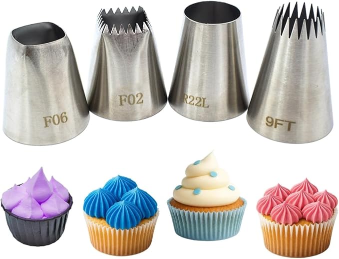 4 Pack Stainless Steel Seamless Piping Icing Tips FO2 FO6 9FT R22L, Large Piping Nozzle, Cake Decorating Tools for Cupcake Baker