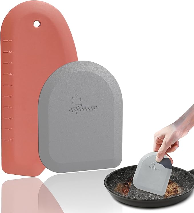 Bowl Scraper Dough Scraper Tool - Set of 2 Silicone Bench Scraper for Baking, Kitchen Pastry Scraper for Bread, Cake, Batter, cheese, Cream, Honey, Jam, Food Scraper with Curved Edge, Red & Grey