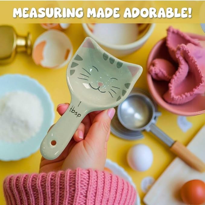 Cat Measuring Spoons - Cute Measuring Spoons Set w/Ribbon- Cat Kitchen Accessories for Cat Baking Supplies - Ceramic Measuring Spoons Set - Cat Themed Kitchen Items- Baking Gifts for Women (Set of 5)