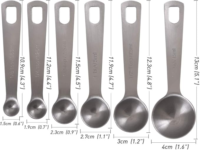 Newk 6 PCS Measuring Spoons, Stainless Steel Metal Kitchen Measuring Tools Set for Dry and Liquid Ingredients-1/8 tsp, 1/4 tsp, 1/2 tsp, 1 tsp, 1/2 Tbsp & 1 Tbsp