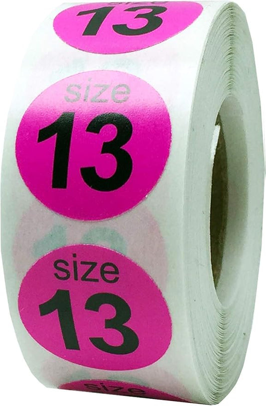 Shoe Size 13 Hot Pink Stickers for Retail Clothing – 3/4 Inch Round, 500 Semi-Gloss Adhesive Labels Per Roll for Footwear Inventory, Organization, and Display – Made in The USA