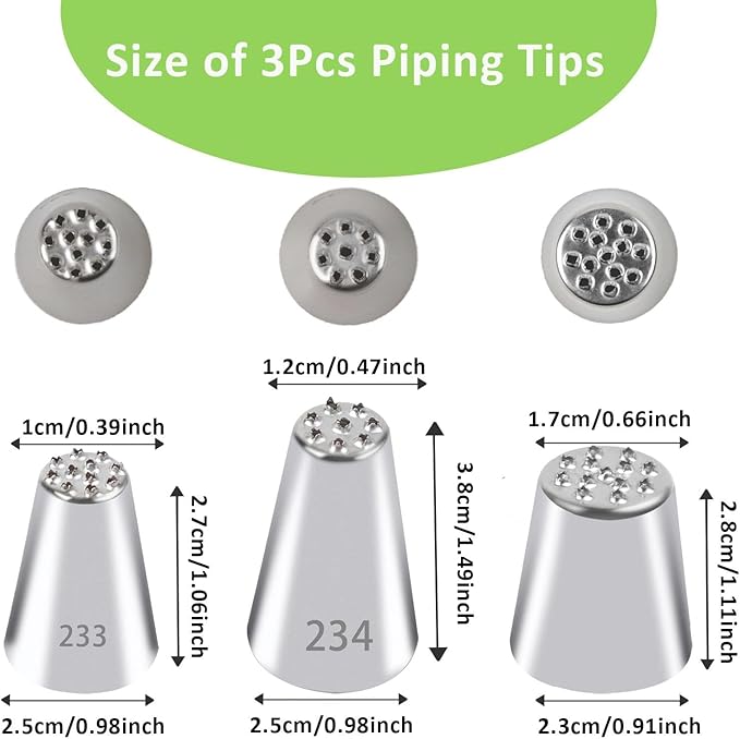 3Pcs Grass Piping Tips, Stainless Steel Grass Tips for Cake Decorating Grass Icing Tips Cake Decorating Supplies for Cupcakes Decoration DIY Baking (233 234 M24)