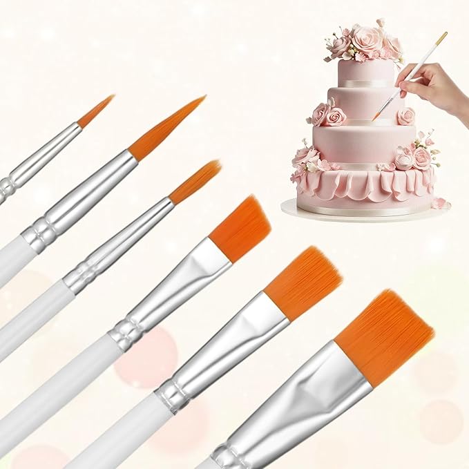 Cake Painting Brushes Set, 6 Pcs Cake Decorating Brushes Kit with Straight and Curved Tweezers Food Safe Paint Brush Candy Pastry Cookie Decoration Brush for Dusting Edible Glitter & Color