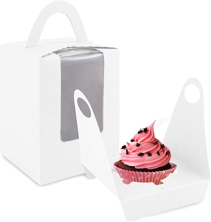 Cupcake Boxes, 30 Pack Individual Single With Clear Window Inserts Handle - Muffins Carriers Pastry Containers (White)