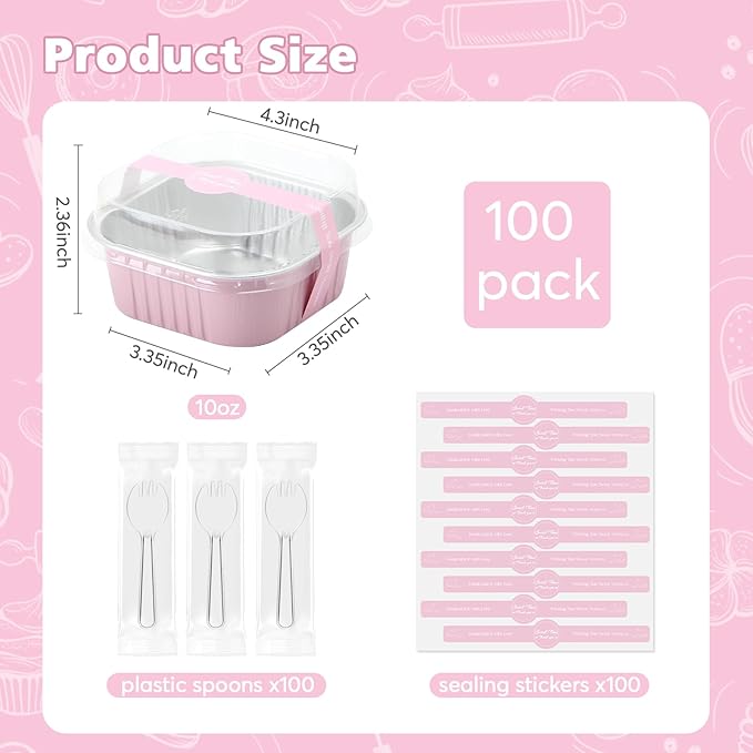 Ruckae 10oz 100 Pcs Square Mini Loaf Pans with Lids-Disposable Foil Dessert Containers,Mini Cake Pans with Lids,Aluminum Dessert Cups for Parties and Weddings (Pink, 10oz)