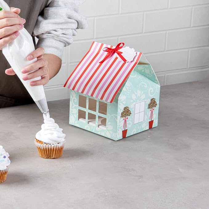 Restaurantware Pastry Tek 6 Inch x 7.8 Inch Cupcake Gift Boxes 100 Fits 4 Cupcake Favor Boxes - House Cupcake Inserts Pink And Blue Paper Treat Boxes With Window For Weddings Or Parties