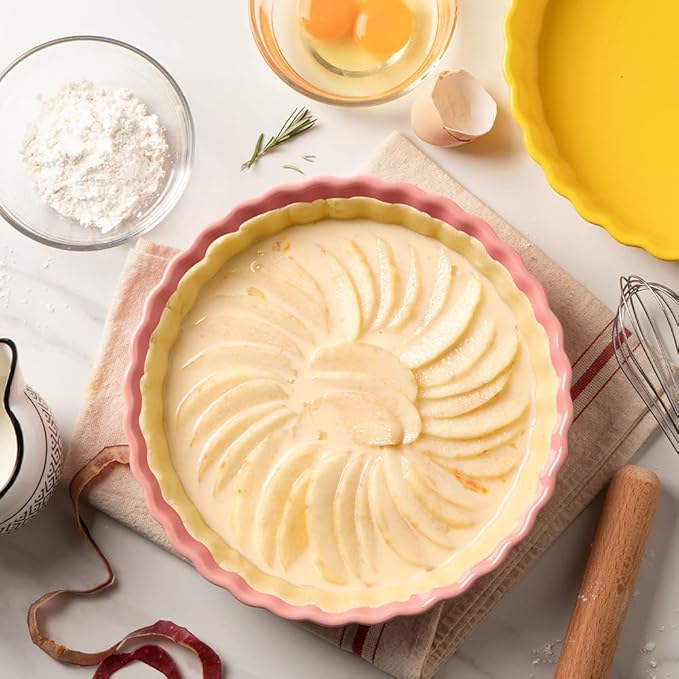 Sweejar Ceramic Pie Pan for Baking, 9.5 Inches Round Wavelet Fringe Pie Dish, Non-Stick Pie Plate for Pumpkin Pie, Apple Pie, Pie Pots (Pink)