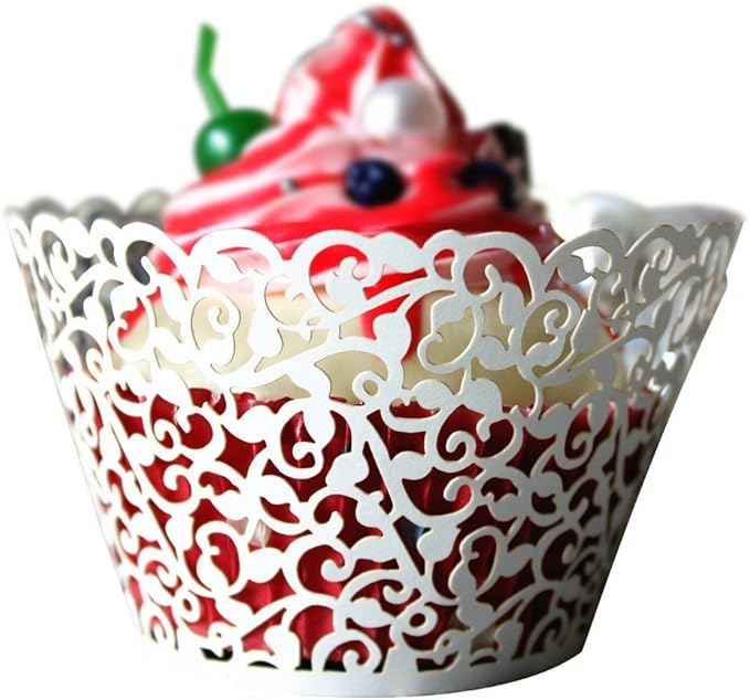 YOZATIA 60PCS Vine White Cupcake Wrapper, Lace Cupcake Wraps Liner for Wedding Party Cake Decoartion (White)
