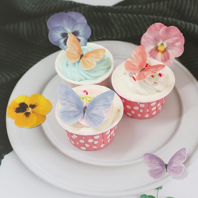 Pansy Butterfly Cake Decoration Edible Wafer cupcake Top decoration Wedding birthday party dessert decoration mix sizes and colors(Set 3【Mix 104pcs】)