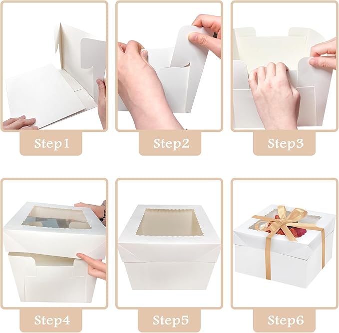 24PCS 8x8x8 Inches Cake Boxes with Boards—（12 Boxes with window & 12 Borads & 70ft Silk Ribbon） Square Baking Boxes