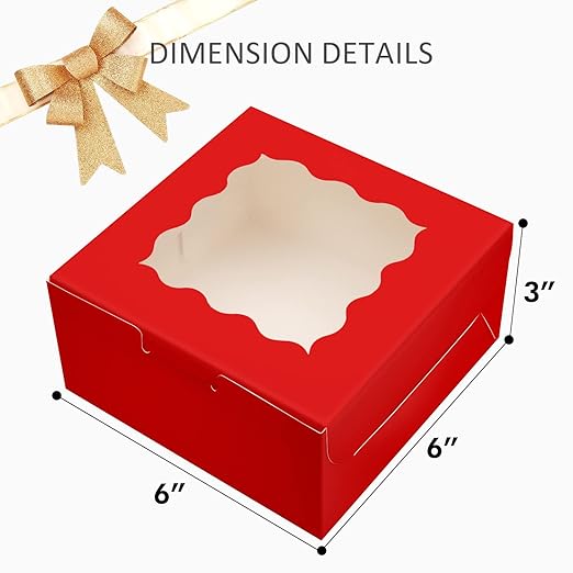 Bakepacker 60pcs Red Bakery Boxes with Window 6x6x3 inches Thick & Cookie Boxes & Sturdy Macaroon Pastry