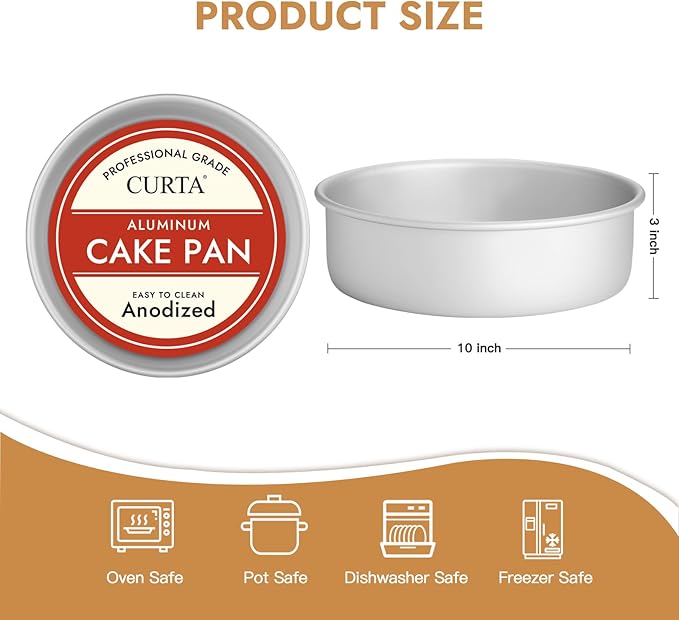 CURTA 10 Inch Round Cake Pan, 10x3 inch 2 Set Anodized Aluminum Round Baking Pan, Small Cake Pan Non-Toxic & Heavy Duty, Deep Side, Easy Clean & Dishwasher Safe