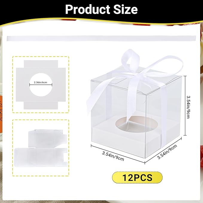 EUSOAR Plastic Individual Tall Cupcake Box, 12pcs 3.5 Inch White Clear Cupcake Wrappers, Single Transparent Cupcake Holder Carrier with Ribbon and Inserts for Wedding Anniversary Birthday Tea Party