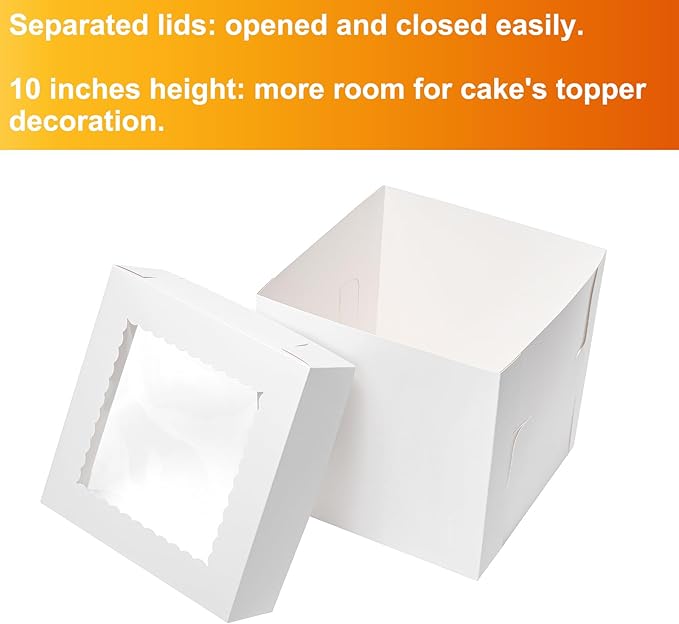 6 Pack Tall Cake Boxes for Tier Cakes 10x10x10 Inch Disposable Layer Tall Baking Carrier with Window Large Cardboard Tierd Bakery Take Out Transport Containers for Wedding, Birthday, Party