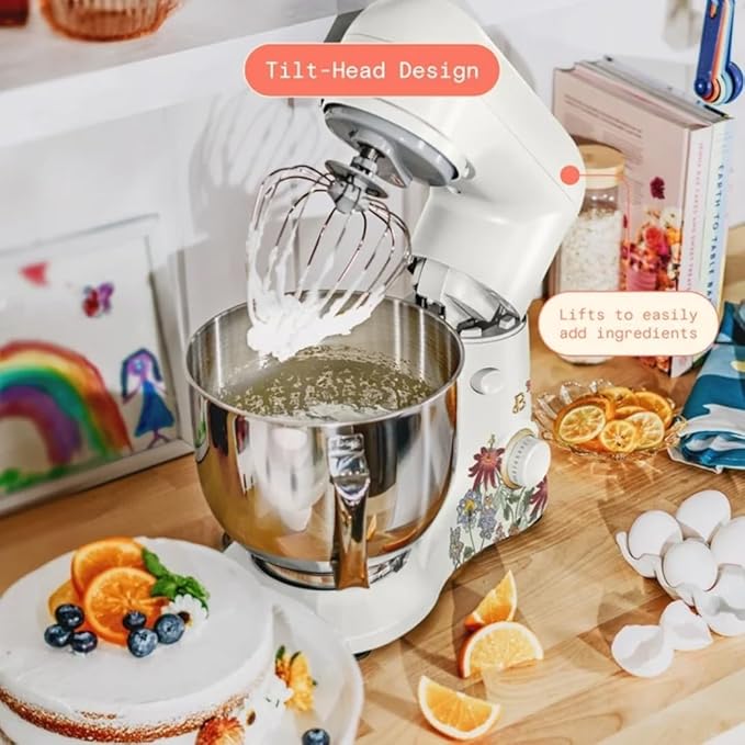 Beautiful 5.3QT 300W Stand Mixer with 12 Speeds, Tilt-Head, Splash Guard & Dishwasher-Safe Accessories, Soft Matte Finish – Mixes Up to 9 Dozen Cookies (Wildflower White Icing)