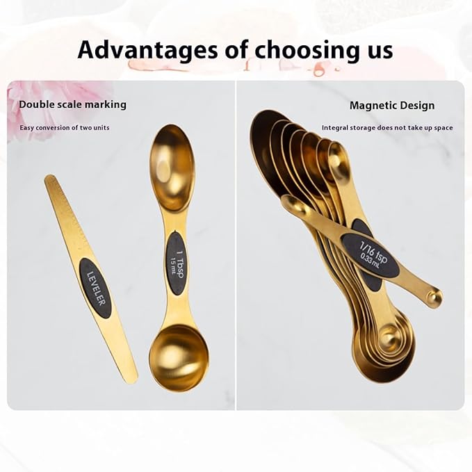 Gold Measuring Spoon Measuring Spoon Magnet Stainless Steel Colorful Double End Measuring Spoons Set of 9 Seasoning Spoon Baking Kitchen Tools
