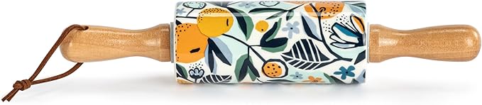 Demdaco Rolling Pin For Cooking and Baking, 9 Inch Ceramic Stoneware With Wooden Handles, Citrus Blooms