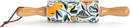 Demdaco Rolling Pin For Cooking and Baking, 9 Inch Ceramic Stoneware With Wooden Handles, Citrus Blooms