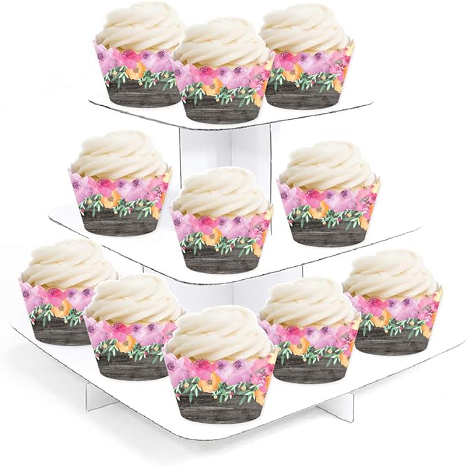 Andaz Press Party Cupcake Wrapper Decorations, Pink Floral Flowers on Gray Wood, 24-Pack, For Girls 1st Birthday Baby Bridal Shower Tea Party Themed Decorations