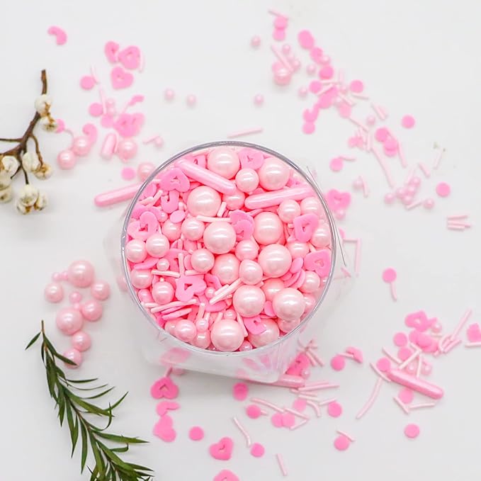 LEBERY Pink Sprinkles Edible Heart Shaped Sprinkle Pink Jimmies for Baking Pastel Pearl Sprinkles Mixed Valentine Sprinkle for Cake Decorating Cookie Ice Cream Donut - 3 oz