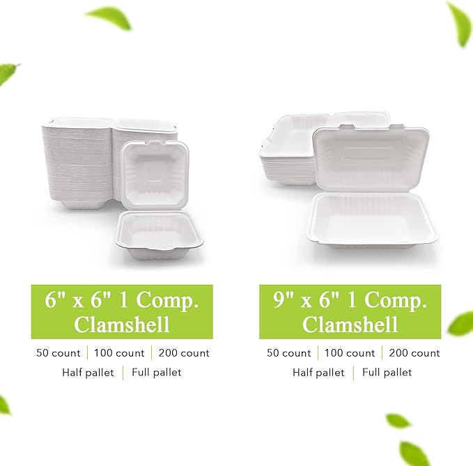 three leaf 9" X 6" 1 COMPARTMENT BAGASSE CLAMSHELL, 50 Ct. Heavy-Duty- Super Strong- Natural- Eco-Friendly Disposable Bagasse Clamshell, 100% Biodegradable 9 x 6 inch clamshell