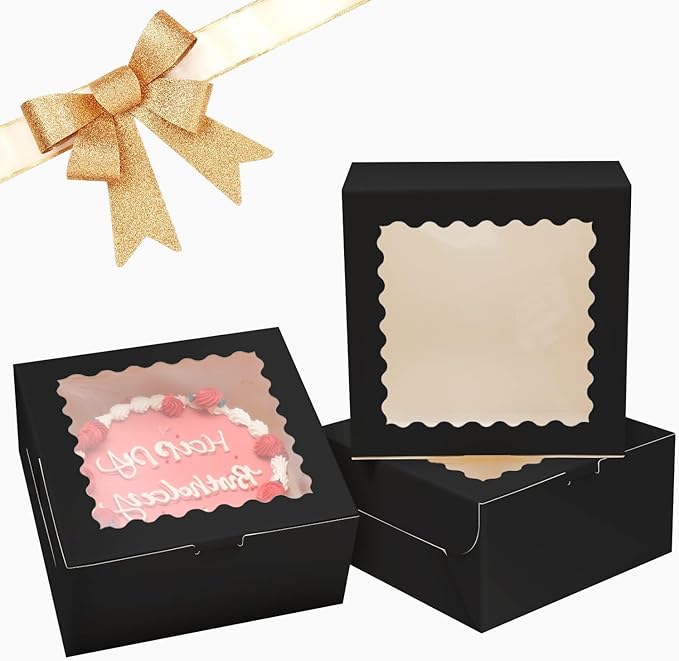 Bakepacker 36pcs 10x10x5 Inches Black Cake Boxes with Window 18-Packs, 10 Inch Bakery Boxes (18 Cake Boxes +18 Cake Boards Included)