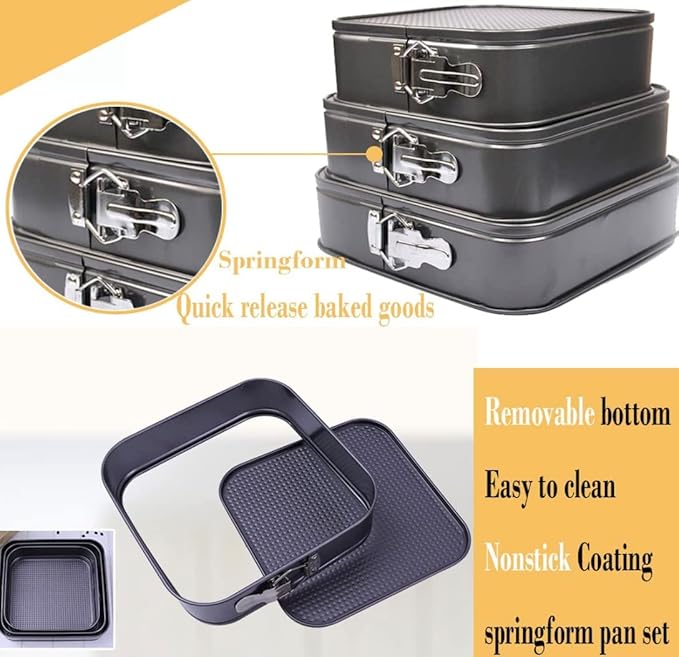 Cake Square Pan Sets for Baking + Cake Decorating Supplies: 4 Non-Stick Springform Pans Set (8.5,9.5, 10, 11 inches), Icing Tips, Cake Leveler – Multi-functional Leak-Proof CheeseCake Pan & eBook