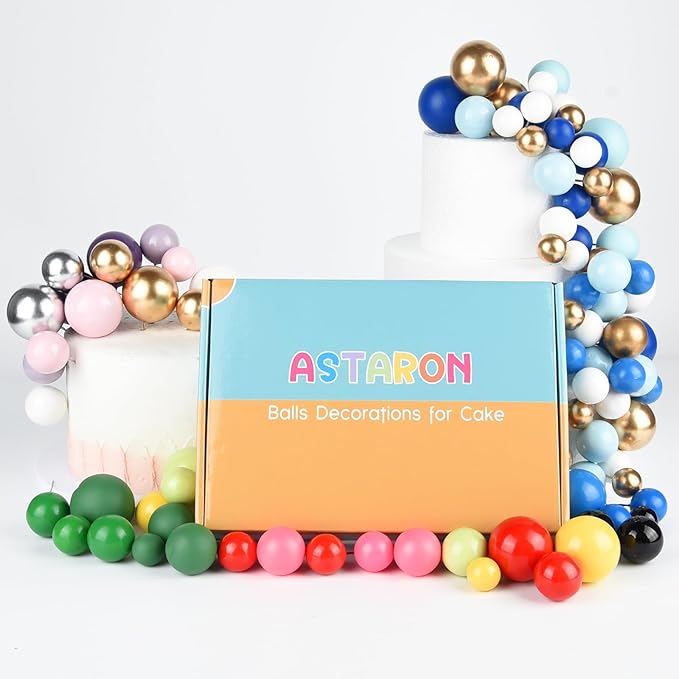ASTARON Ball Cake Topper, 32 Pcs Foam & Wire Decorations, Mini Balloons Cake Topper Sticks, 4 Colors/Sizes for Wedding Party Birthday Cake Decorating