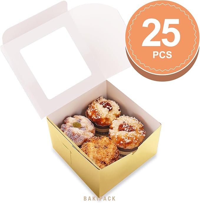 25 Gold Bakery Boxes with Window 5x5x3.5 Inches, Dessert Boxes to Go with Window, Treat Boxes for Small Bakery, Dessert, Candy, Cookies, Pastry, Party Favors, Wedding Cake