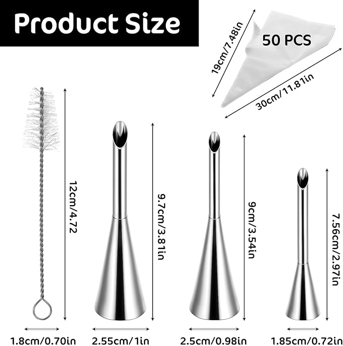 Puff Cupcake Filling Piping Tip Set, 50 Pcs Pastry Bags 3 Pcs Tips Stainless Steel Long Puff Nozzle Tip Disposable Clear Pipes Bag with 1 Piece Cleaning Brush for Birthday Wedding Christmas Donuts