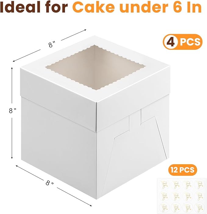 Ocmoiy 4 Sets Cake Boxes, 8 x 8 x 8 Inches White Bakery Boxes with Window Tall Cake Containers for Wedding Birthday Party