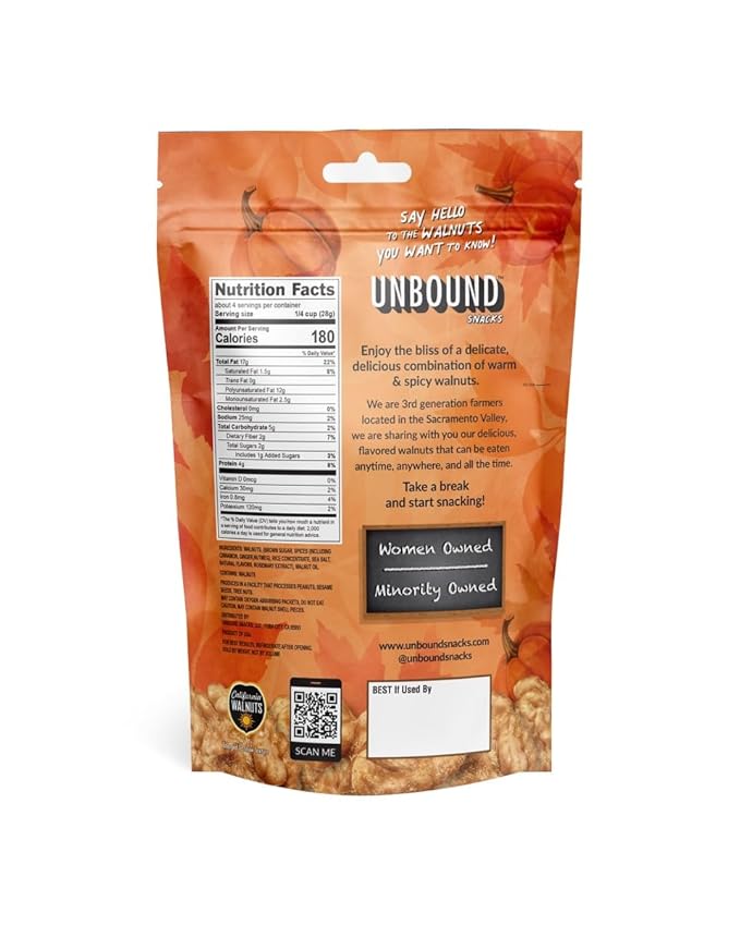 Unbound Snacks Flavored Nuts - Pumpkin Spice Walnuts, 4 oz (Pack of 4) - Healthy Snacks, 4g Protein, 1g Sugar, High in Omega 3, Gluten Free, Vegan - Freshly Roasted & Seasoned Gourmet Walnut Halves