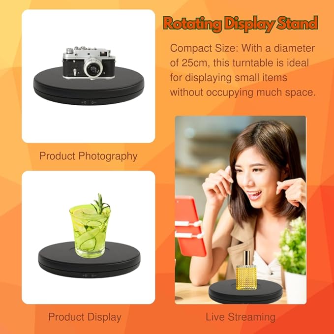 fotoconic Black Electric Motorized Rotating Turntable Display Stand with LED, 10 Inch / 25cm Diameter, 20 Lb Centric Loading for Shop Display