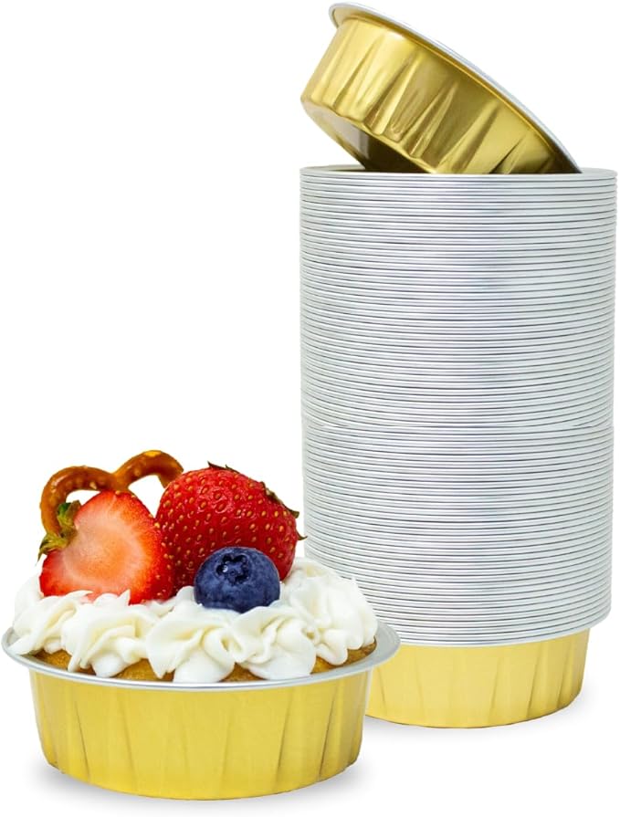 CMJJ 100ct Tiny 2oz Gold Bakeable Aluminum Cups | Mini Disposable Ramekins | Baking Essentials for Parties, Weddings, Catering