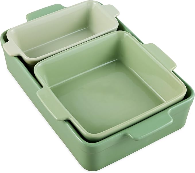 Best Choice Products Set of 3 Large Serving Trays, Party Platters and Ceramic Non-Stick Bakeware For Appetizers, Charcuterie, Snack, Dessert, Casserole, Sour Dough Bread Loaf - Sage Green