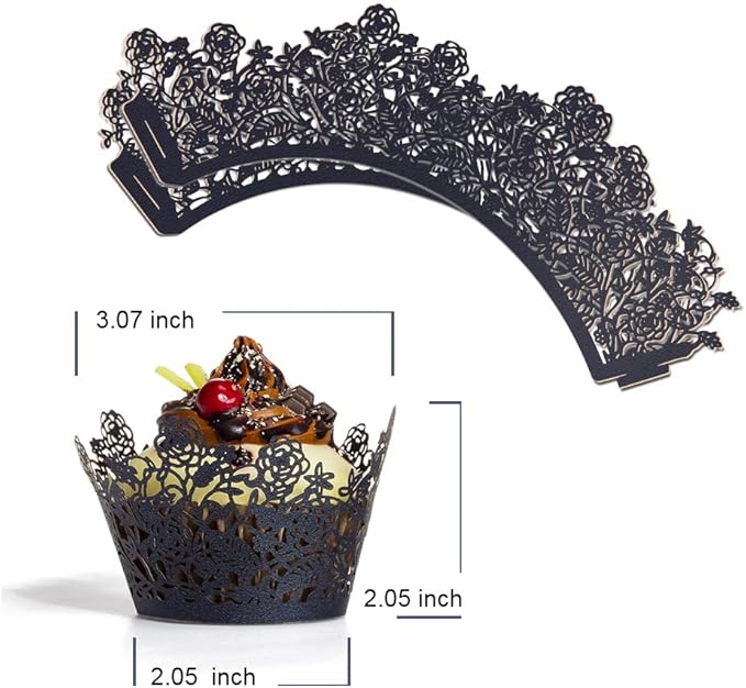 YOZATIA 60pcs Black Rose Lace Cupcake Wrappers Holders, Laser Cut Cupcake Liners Decorative Liners for Wedding Party Birthday Cake Decoration Supplies