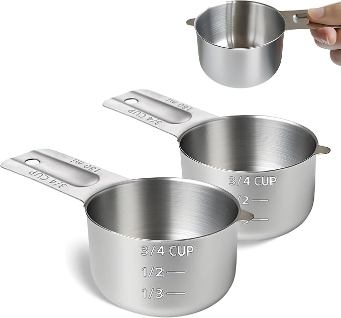 2 Pcs 3/4 Cup Measuring Cup, 180ml (6oz) Stainless Steel Scoop for Cooking, Baking, and Coffee, Dishwasher Safe, Dual Metric and US Measurement