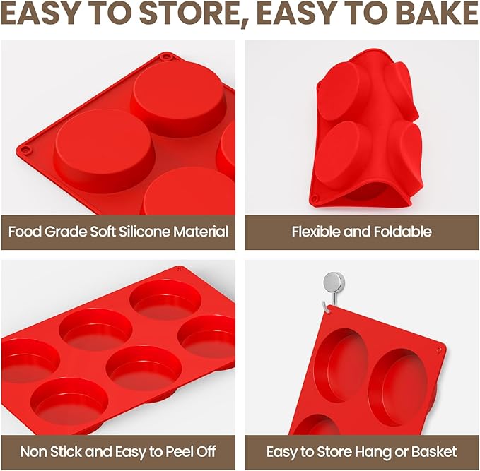 Redfly Silicone Egg Molds for Breakfast Sandwiches 2 Pcs, Non Stick 3 Inch Egg Bites Baking Pans, Silicone Muffin Pans for Baking, Round Muffin Top Pan for Whoopie Pie Pan, Tarts, Quiche
