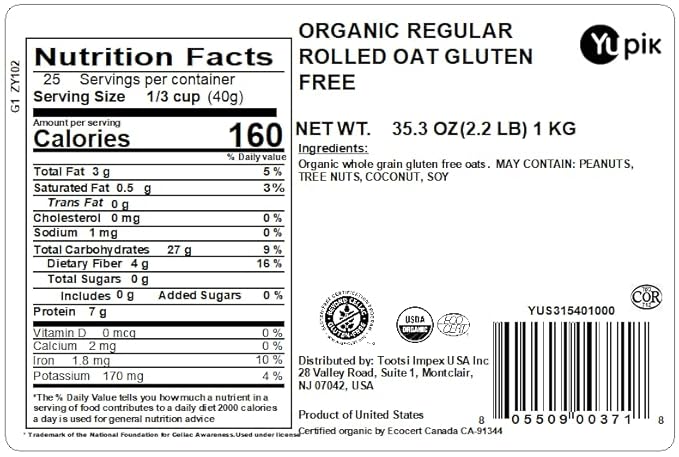 Yupik Organic Gluten-Free Rolled Oats, 2.2 Lb, Whole Grain, Perfect For Cooking & Baking (Pack of 2)