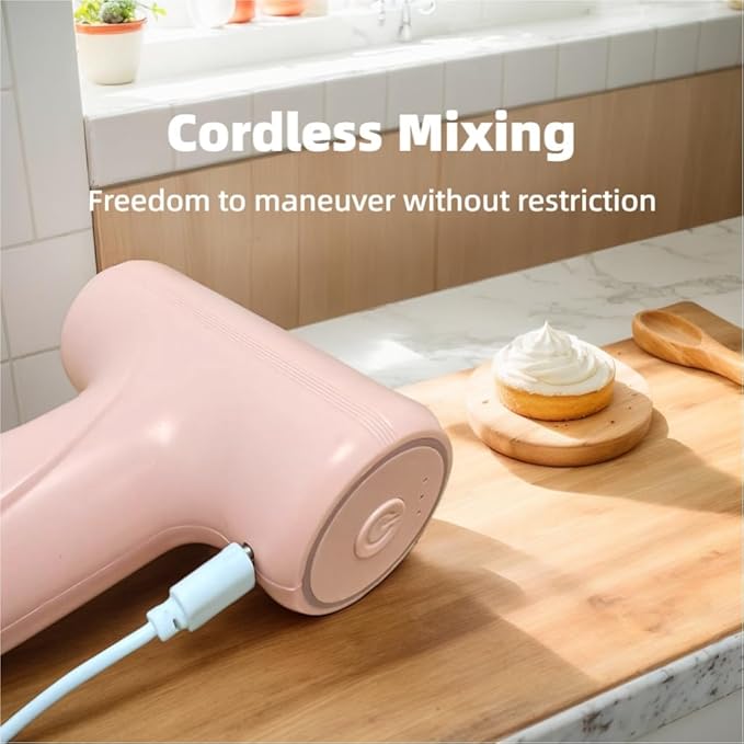 Cordless Hand Mixer, One Touch Off Handheld Electric Whisk with 3 Speed Modes, Hand Held Egg Beater with 2 Detachable Stir Whisks (Pink)