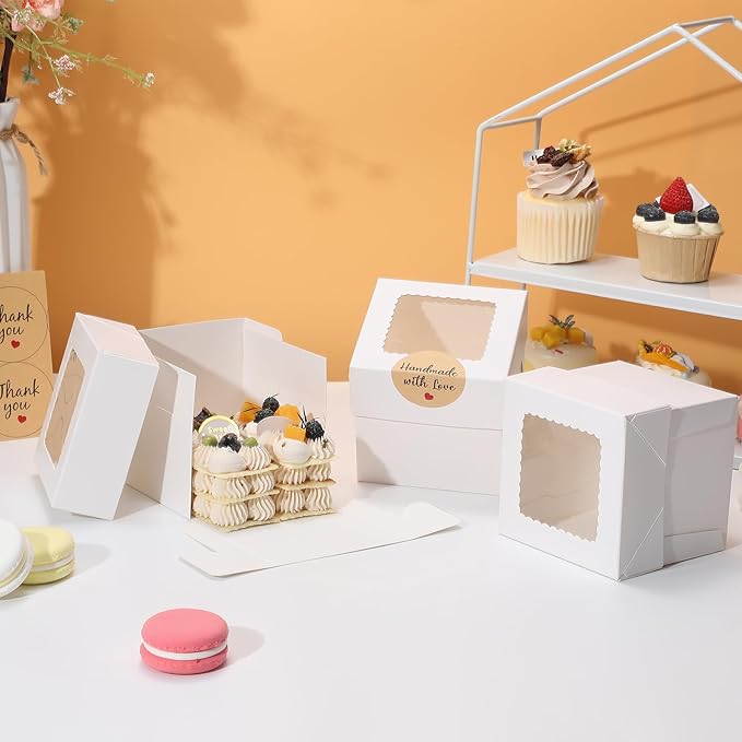 COTOPHER 5Pcs Mini Cake Boxes, 4x4x4 Inches Bakery Boxes with Window, Small Dessert Box Cake Packaging for Pastries, Cookies, Chocolates, Cupcakes, Birthday Party, Wedding