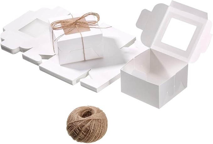 50 Pieces Bakery Box with Window Cookie Boxes Mini Kraft Boxes Gift for Pastries, Candy, Pie, Cupcakes, Soap Packaging for Homemade Soap(White,6.3 x 6.3 x 3 Inch)